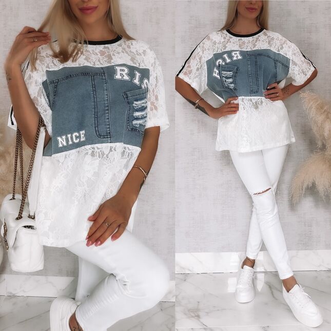 Luźna bluzka z białej koronki z jeansowym dekoltem ONE SIZE - R811