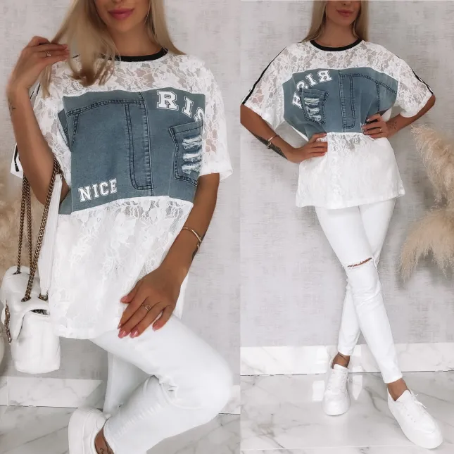Luźna bluzka z białej koronki z jeansowym dekoltem ONE SIZE - R811