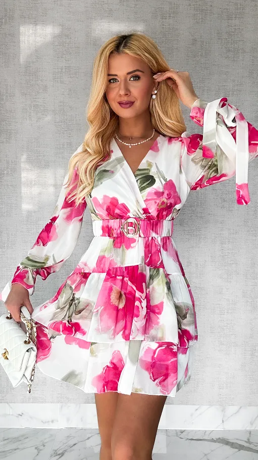 Sukienka w różowe malowane kwiaty z elastycznym paskiem ONE SIZE - P507B