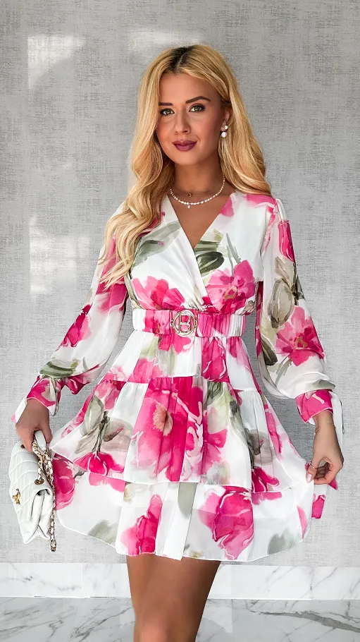 Sukienka w różowe malowane kwiaty z elastycznym paskiem ONE SIZE - P507B