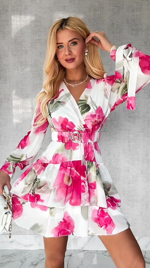 Sukienka w różowe malowane kwiaty z elastycznym paskiem ONE SIZE - P507B