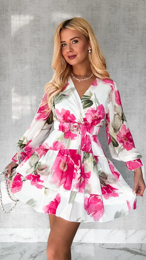 Sukienka w różowe malowane kwiaty z elastycznym paskiem ONE SIZE - P507B