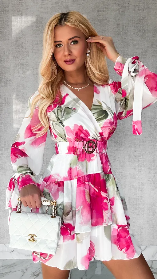 Sukienka w różowe malowane kwiaty z elastycznym paskiem ONE SIZE - P507B