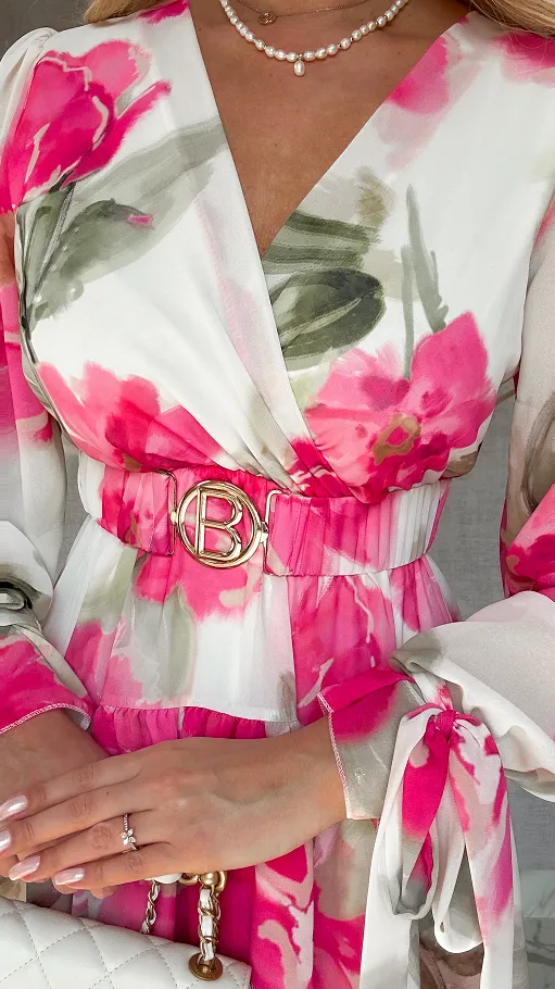 Sukienka w różowe malowane kwiaty z elastycznym paskiem ONE SIZE - P507B