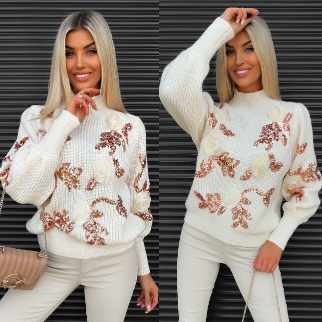 Sweter z półgolfem zdobiony różami i złotymi cekinami ONE SIZE ecru - S348