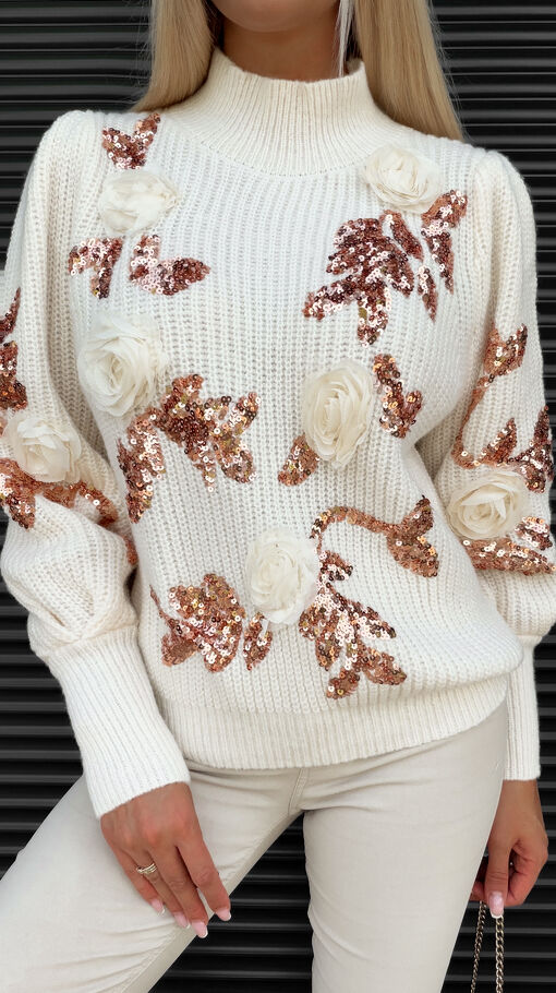 Sweter z półgolfem zdobiony różami i złotymi cekinami ONE SIZE ecru - S348