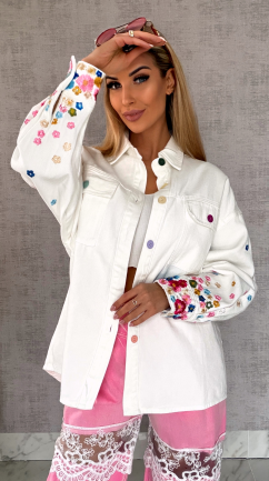 Biała katana jeansowa z kolorowymi haftowanymi kwiatami ONE SIZE - R643A