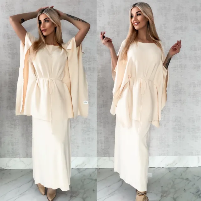 Elegancki dzianinowy komplet tunika + spódnica ONE SIZE jasno beżowy - R315B