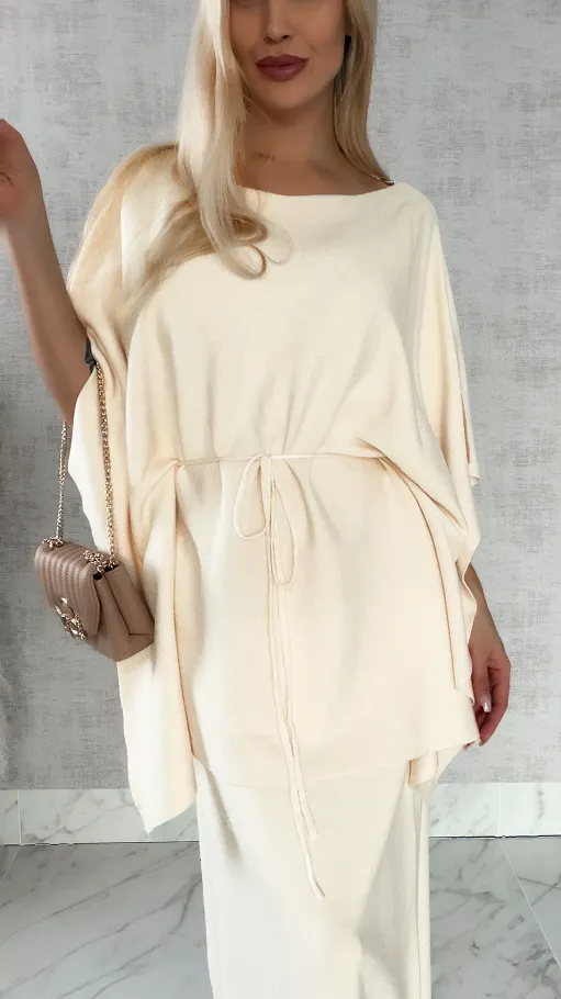 Elegancki dzianinowy komplet tunika + spódnica ONE SIZE jasno beżowy - R315B