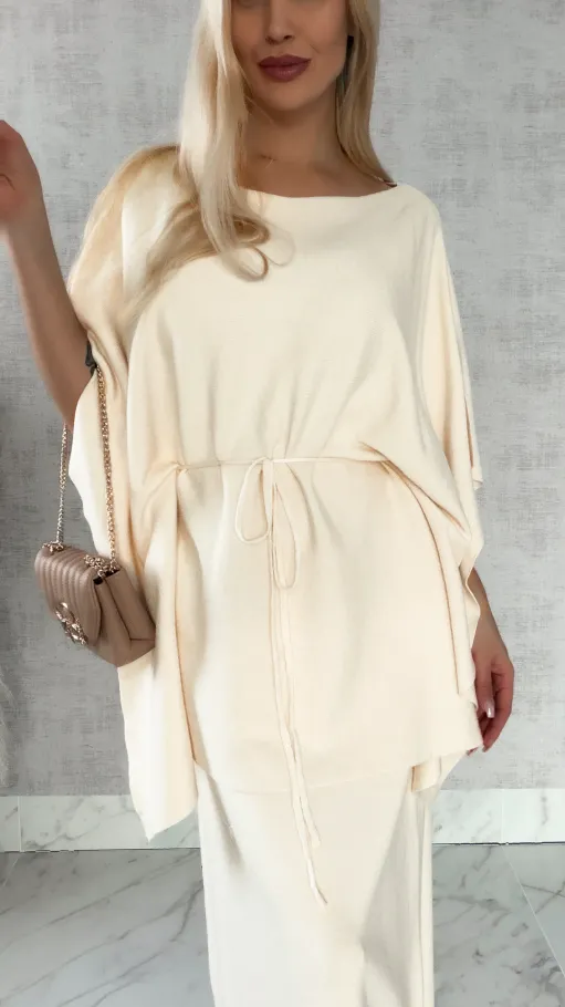 Elegancki dzianinowy komplet tunika + spódnica ONE SIZE jasno beżowy - R315B