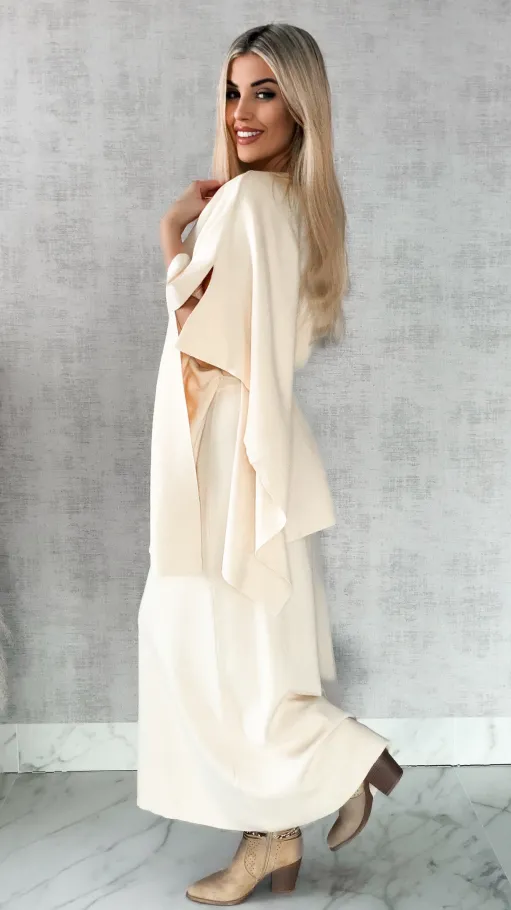 Elegancki dzianinowy komplet tunika + spódnica ONE SIZE jasno beżowy - R315B