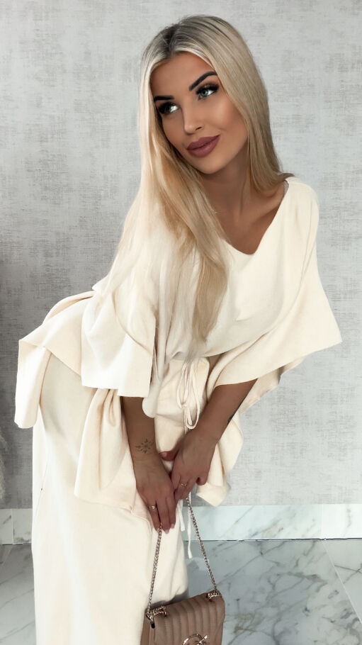 Elegancki dzianinowy komplet tunika + spódnica ONE SIZE jasno beżowy - R315B