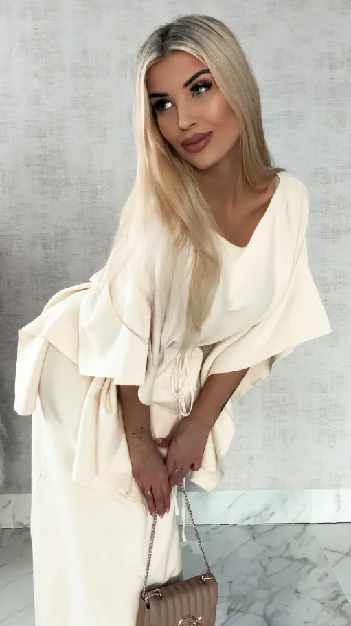 Elegancki dzianinowy komplet tunika + spódnica ONE SIZE jasno beżowy - R315B