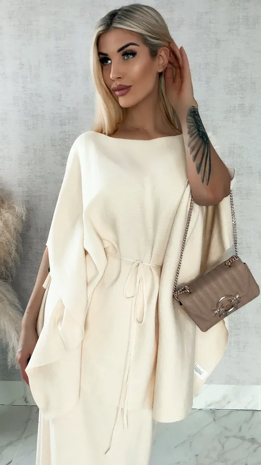 Elegancki dzianinowy komplet tunika + spódnica ONE SIZE jasno beżowy - R315B