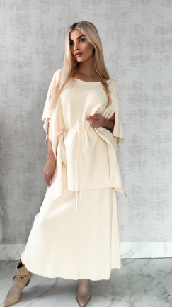 Elegancki dzianinowy komplet tunika + spódnica ONE SIZE jasno beżowy - R315B