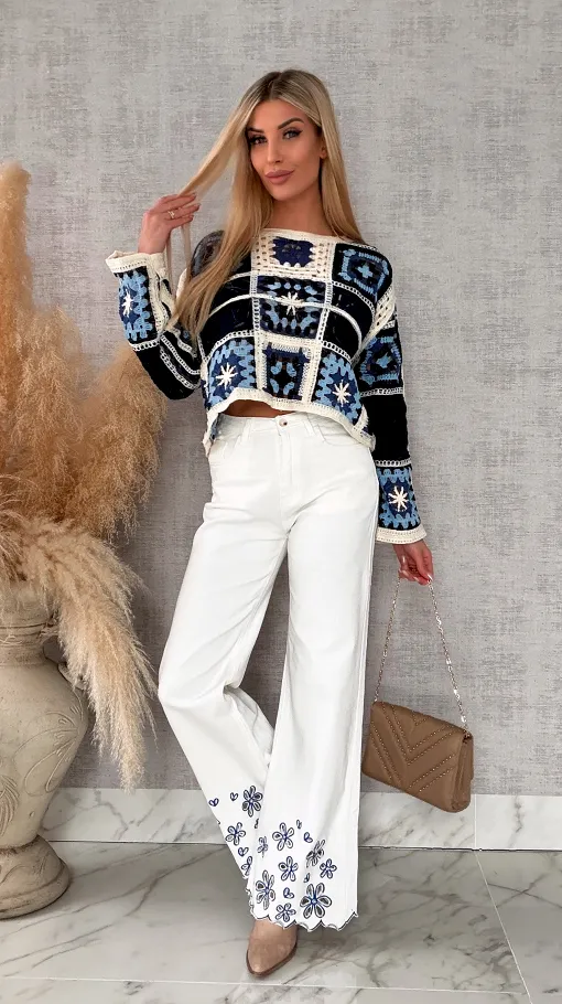 Wiosenny ażurowy sweterek w szydełkowym stylu BLUE - R690