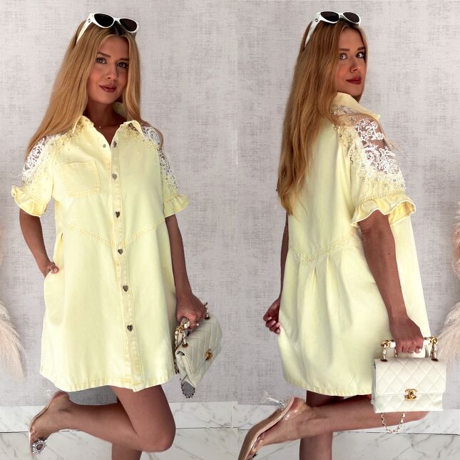 Oryginalna jeansowa sukienka OVERSIZE z ozdobnymi ramionami ONE SIZE żółta - S011B