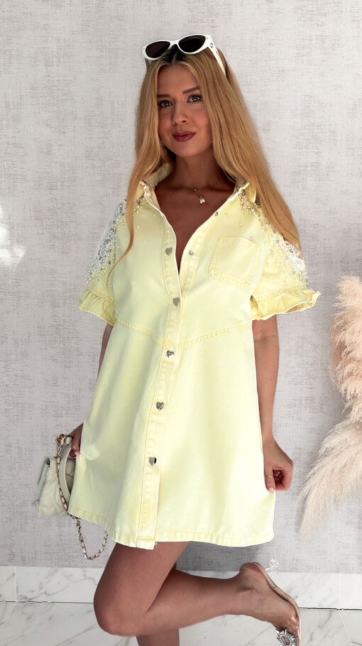 Oryginalna jeansowa sukienka OVERSIZE z ozdobnymi ramionami ONE SIZE żółta - S011B