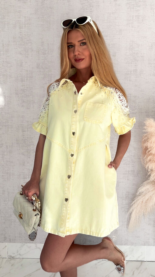 Oryginalna jeansowa sukienka OVERSIZE z ozdobnymi ramionami ONE SIZE żółta - S011B