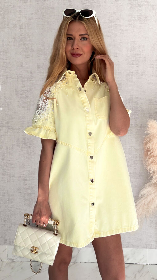 Oryginalna jeansowa sukienka OVERSIZE z ozdobnymi ramionami ONE SIZE żółta - S011B