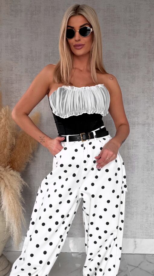 Oryginalne białe spodnie jeansowe typu BALLOON w czarne grochy - R713