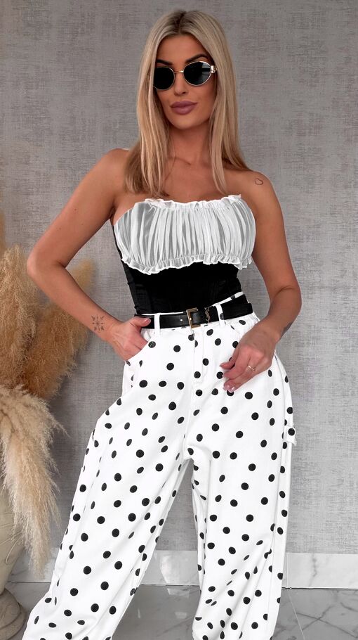 Oryginalne białe spodnie jeansowe typu BALLOON w czarne grochy - R713