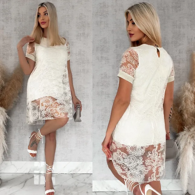 Oryginalna tunika/sukienka koronkowa w kolorze ecru ONE SIZE - R924