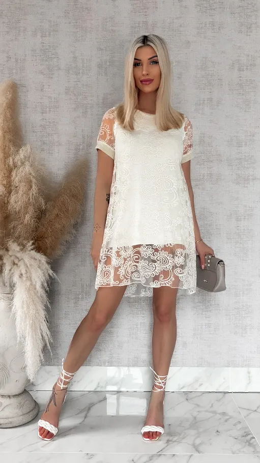 Oryginalna tunika/sukienka koronkowa w kolorze ecru ONE SIZE - R924
