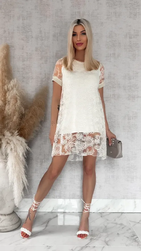 Oryginalna tunika/sukienka koronkowa w kolorze ecru ONE SIZE - R924