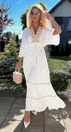 Ekskluzywna biała MAXI sukienka w grochy z haftowanym dekoltem WISKOZA one size - N271