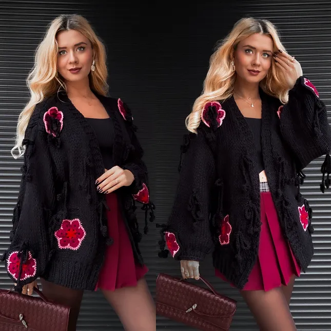 Oryginalny gruby kardigan w kwiaty ONE SIZE czarny - R375