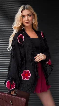 Oryginalny gruby kardigan w kwiaty ONE SIZE czarny - R375