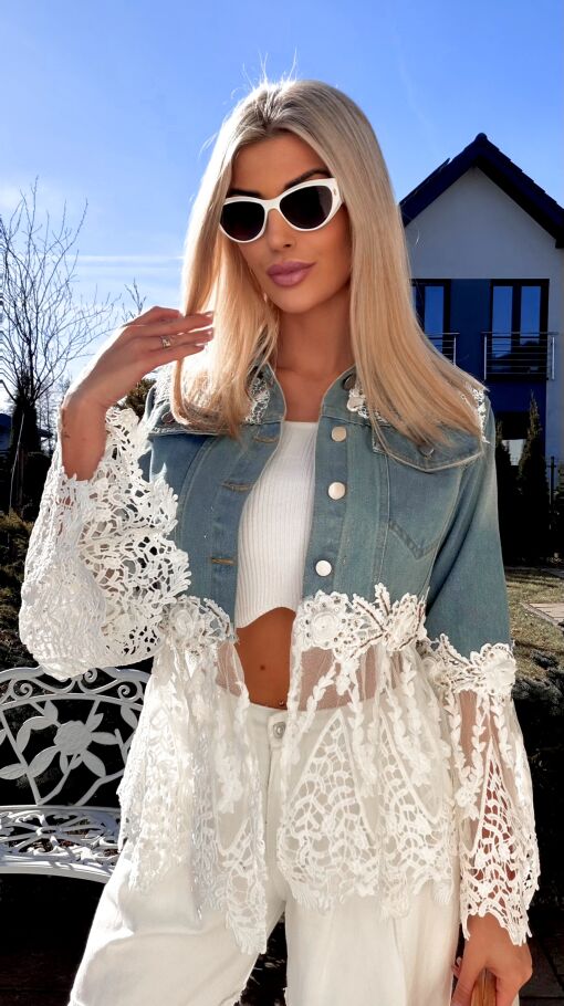 Ekskluzywna katana jeansowa łączona z białą gipiurą DENIM BLUE - R771