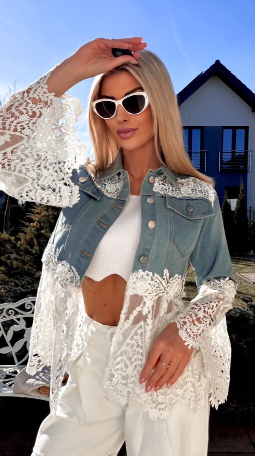 Ekskluzywna katana jeansowa łączona z białą gipiurą DENIM BLUE - R771