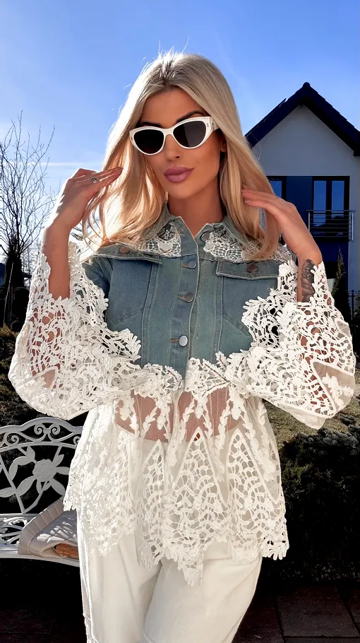 Ekskluzywna katana jeansowa łączona z białą gipiurą DENIM BLUE - R771