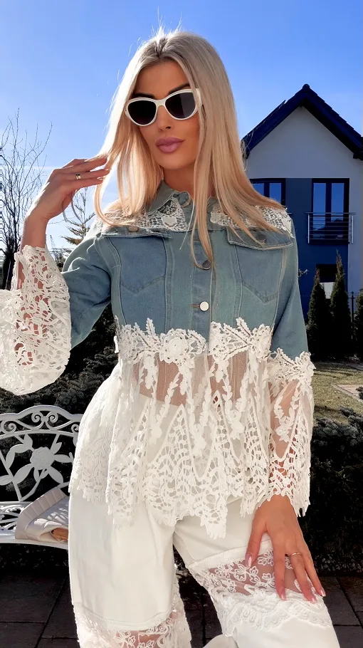 Ekskluzywna katana jeansowa łączona z białą gipiurą DENIM BLUE - R771