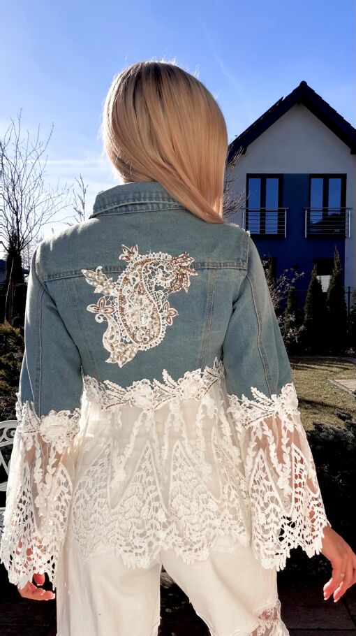 Ekskluzywna katana jeansowa łączona z białą gipiurą DENIM BLUE - R771