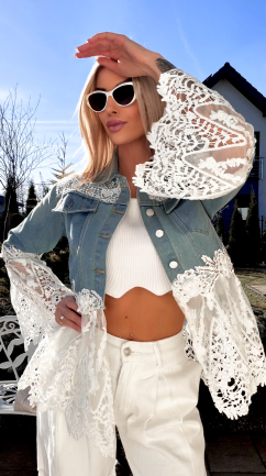 Ekskluzywna katana jeansowa łączona z białą gipiurą DENIM BLUE - R771