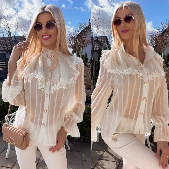 Super elegancka bluzka koszulowa z perełkami ONE SIZE ecru - R794