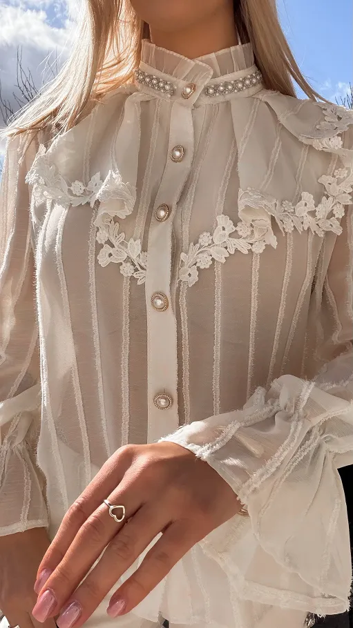 Super elegancka bluzka koszulowa z perełkami ONE SIZE ecru - R794