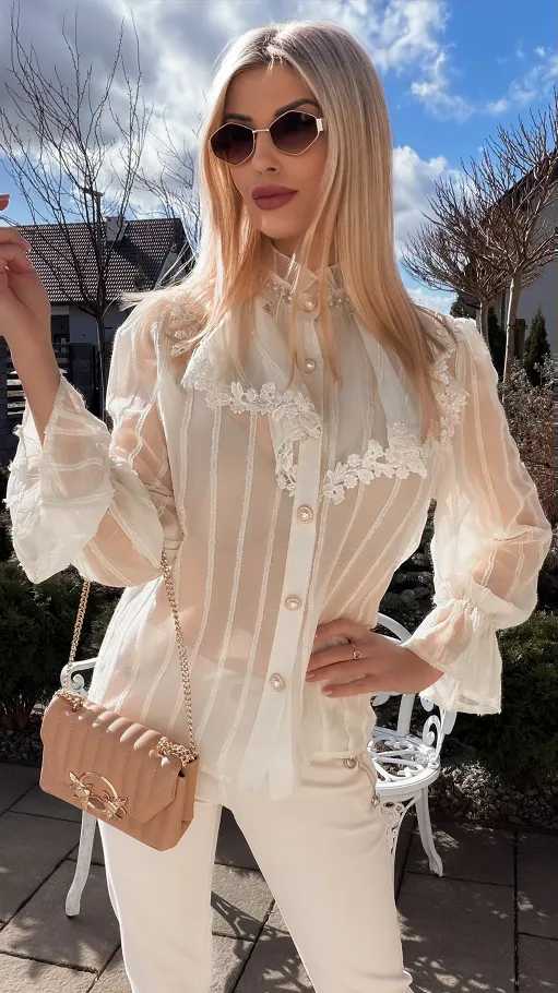 Super elegancka bluzka koszulowa z perełkami ONE SIZE ecru - R794