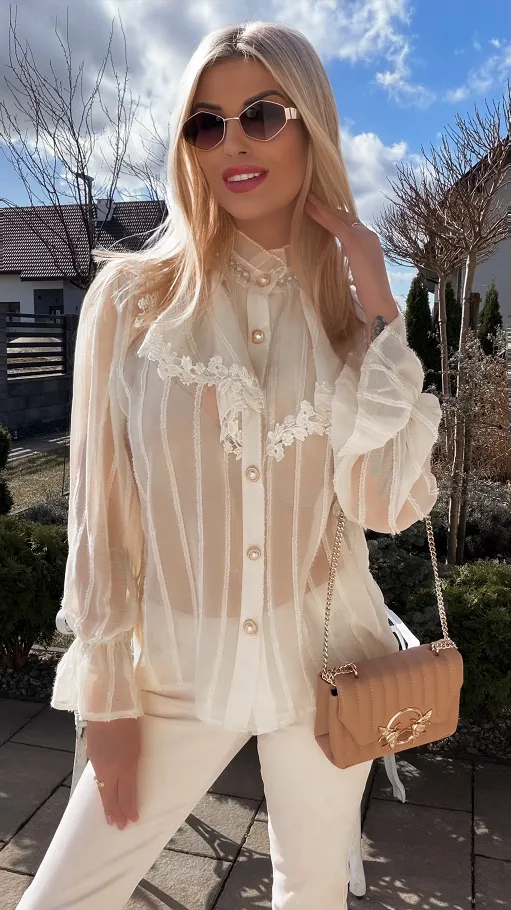 Super elegancka bluzka koszulowa z perełkami ONE SIZE ecru - R794