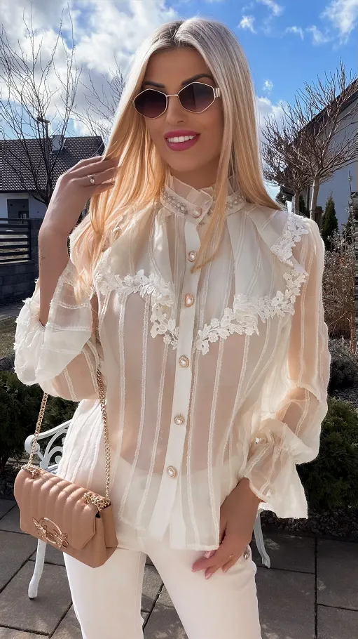 Super elegancka bluzka koszulowa z perełkami ONE SIZE ecru - R794