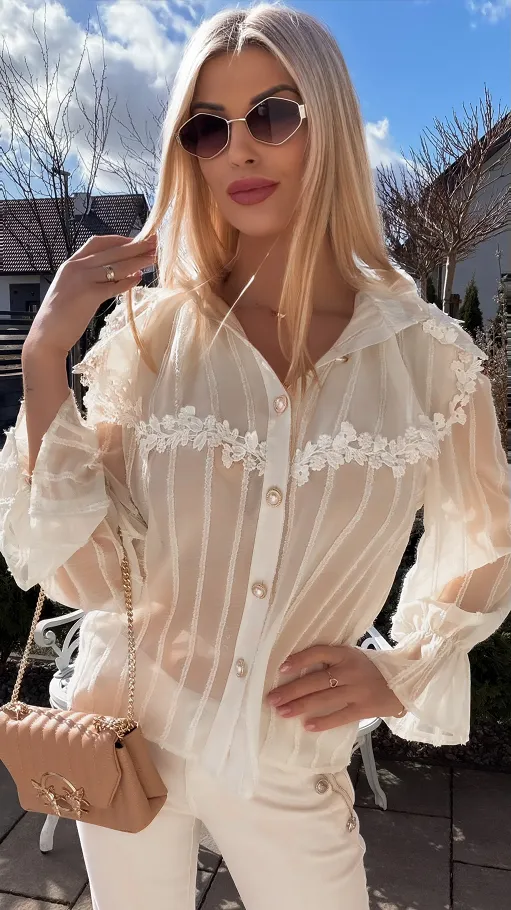 Super elegancka bluzka koszulowa z perełkami ONE SIZE ecru - R794