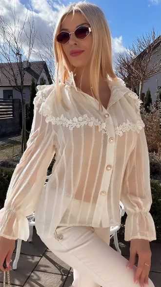 Super elegancka bluzka koszulowa z perełkami ONE SIZE ecru - R794