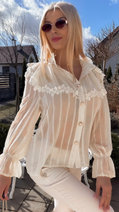 Super elegancka bluzka koszulowa z perełkami ONE SIZE ecru - R794