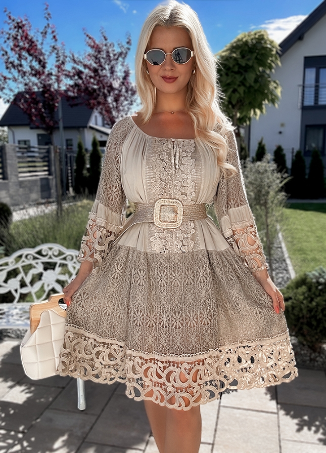 Letnia beżowa BOHO sukienka OVERSIZE z koronkami PLUS SIZE - M982A