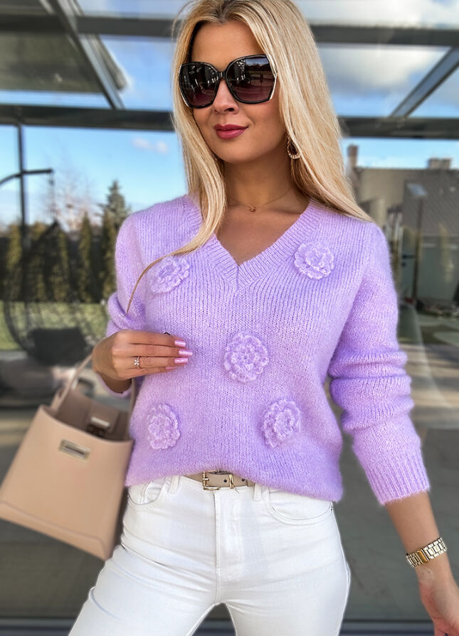 Fantastyczny sweter na wiosnę w róże LILIOWY - M755A