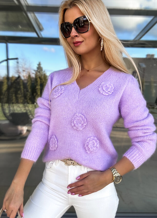 Fantastyczny sweter na wiosnę w róże LILIOWY - M755A