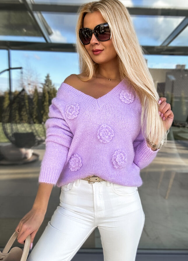 Fantastyczny sweter na wiosnę w róże LILIOWY - M755A